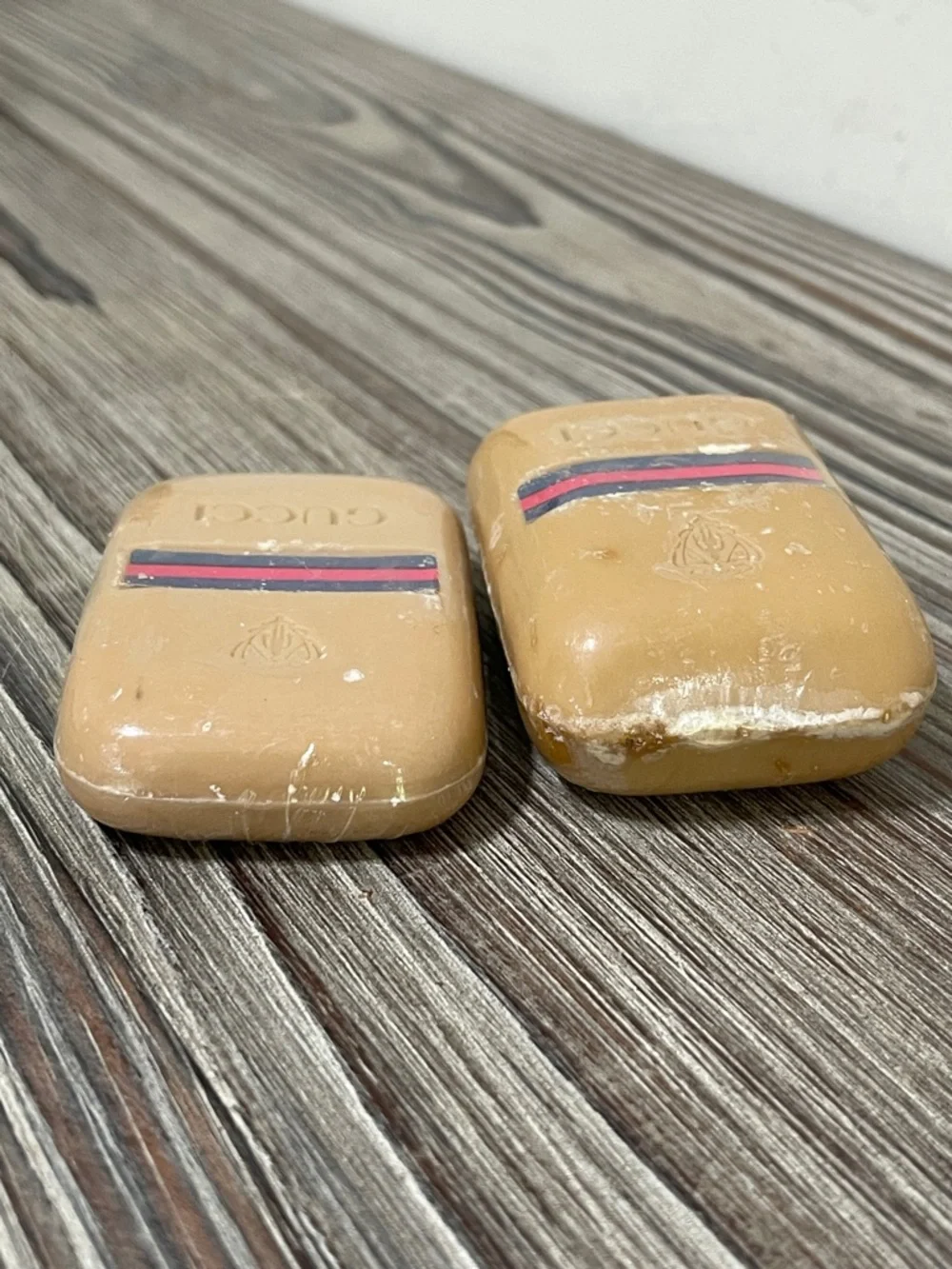 Vintage 70s Gucci Soap Bars Set of 2 Logo Embossed Tan New in Original Packaging